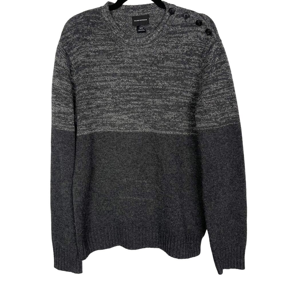 Club Monaco Mens Medium Gray Colorblock Crew Neck Sweater Button Shoulder Detail